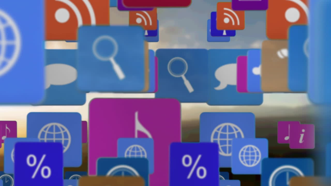 animación de iconos digitales flotando sobre el paisaje