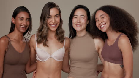 Hautpflege,-Gruppen--Und-Diversitätsfrauen-Lachen