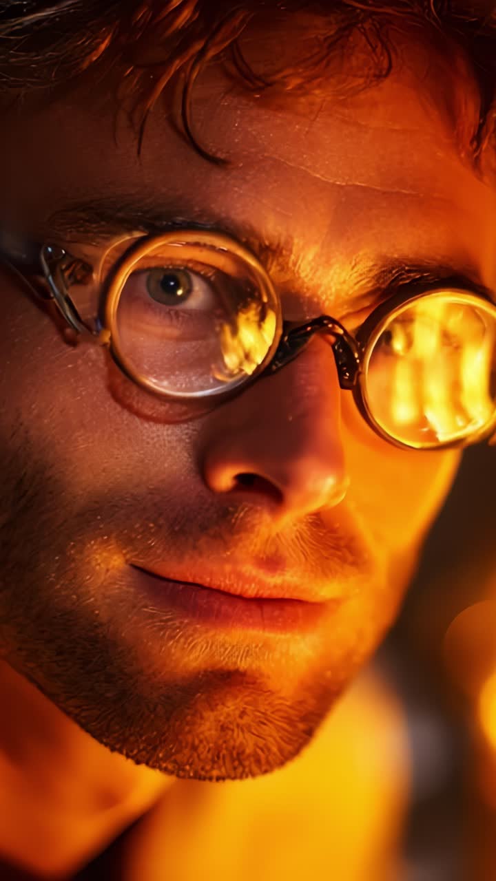 Intense Gaze: A Thoughtful Man Illuminated by Warm Firelight, Capturing a Moment of Reflection and Curiosity with Enigmatic Eyes Behind Glasses