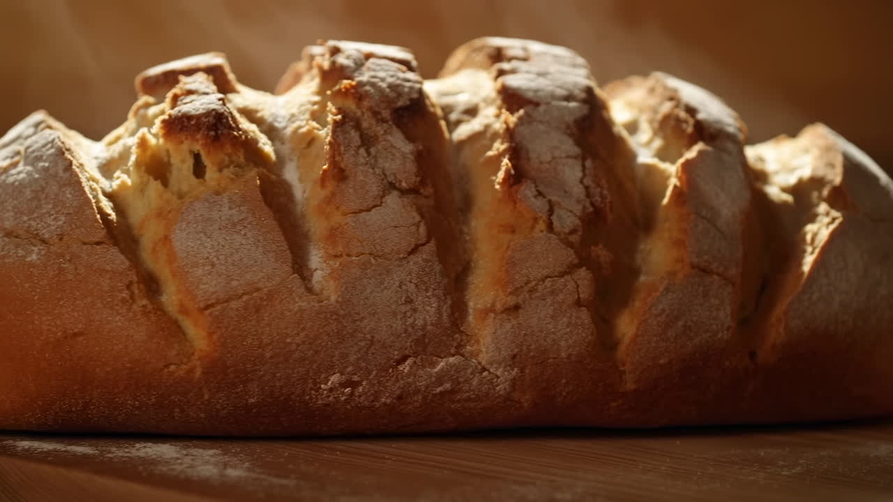 Pagnotta rustica intagliata sotto una luce calda, con crosta infarinata che poggia su un tagliere di legno, tagli profondi che rivelano l'interno.