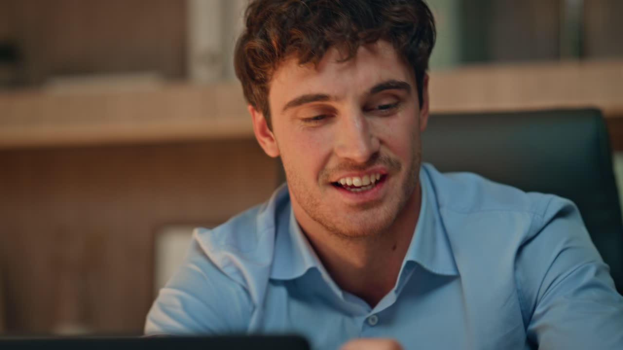 Professional teacher video calling at evening home close up. Online tutor work