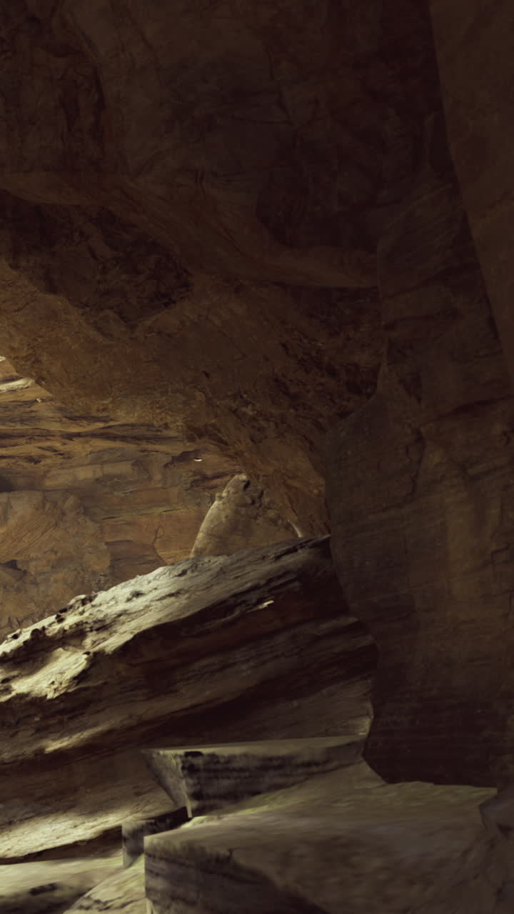 Formazione di grotta con strutture rocciose e luce che entra dall'ingresso.