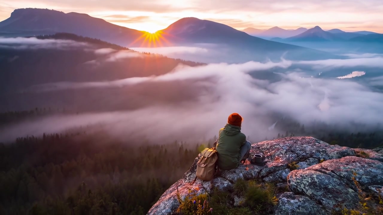 Escursionista seduto sulla cima di una montagna che osserva l'alba sopra le nuvole