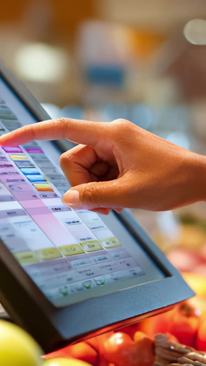 Customer Interacting with a Touchscreen POS System in a Grocery Store, Engaging with Colorful Produce and Checkout Station Setup for Efficient Transactions