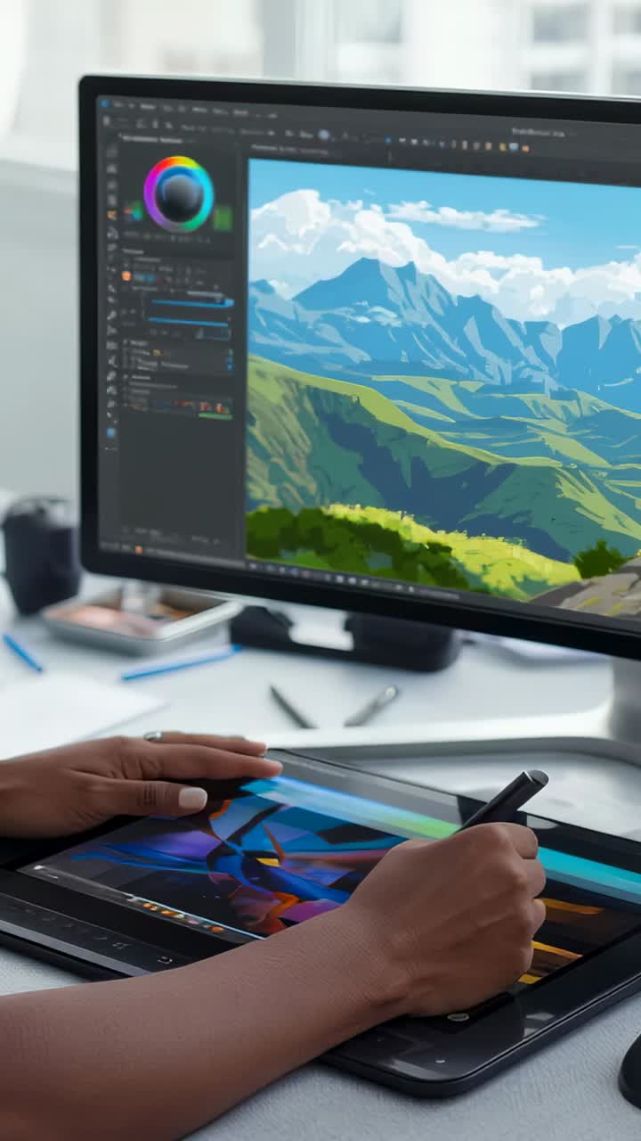 Vertical video: Tapping color wheel artist selecting brush sketching mountain on tablet at desk