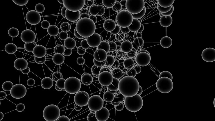 Connected sphere network cluster moving dynamically across black background for system visualization.