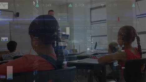 animation of graphs and data over caucasian male teacher and class of diverse pupils