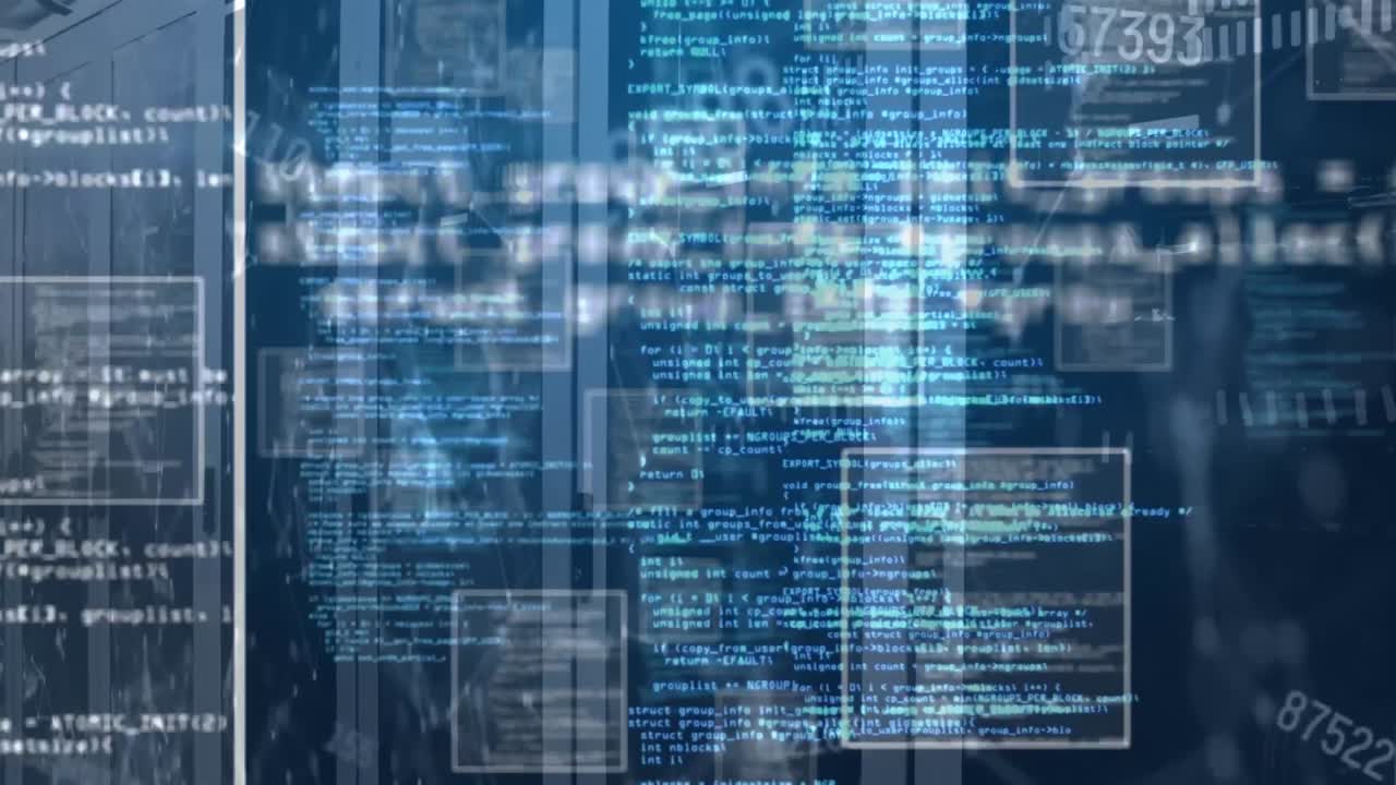 Animation of square, computer language over changing numbers and connected dots on server room