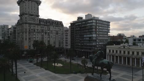 aerial view of plaza independencia most important city square in montevideo, uruguay at sunset