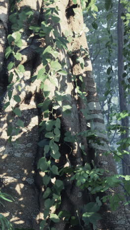 close up of a tree trunk with vines growing up it