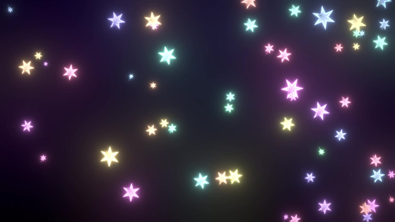 Vibrant pastel six-pointed stars drift across a dark ultraviolet space with soft glowing bloom effects