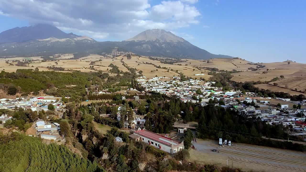 Aerial: Ex Hacienda de San Jacinto Ixtoluca, view of the mountains and blue sky during the day in La Mezquitera, Morelos, Mexico, pan drone shot