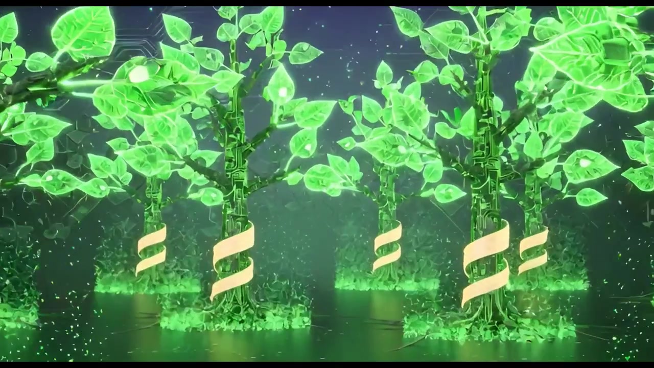 Digital Forest with Glowing Circuit Board Trees and Falling Data Particles