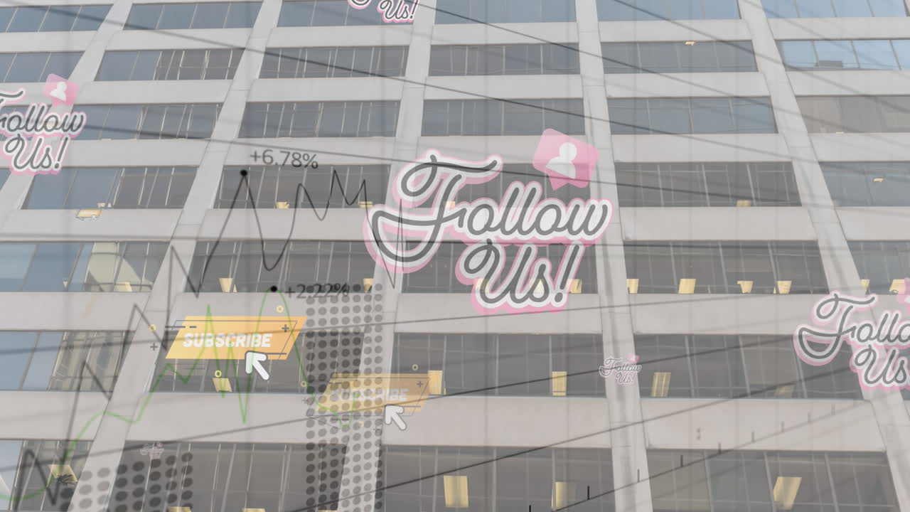 анимация следуйте за нами в социальных сетях текст и значки с обработкой данных над современным зданием