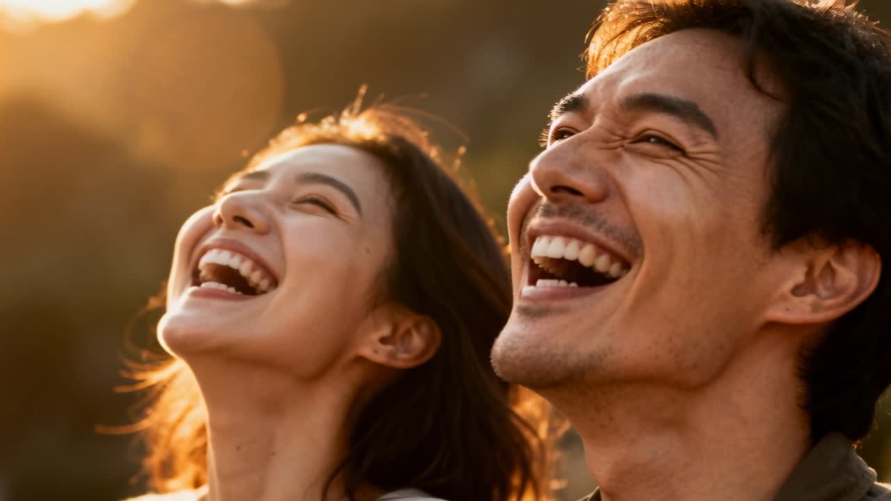 Casal rindo e compartilhando uma grande gargalhada enquanto a câmera grava em close-up na hora dourada, com bokeh quente.