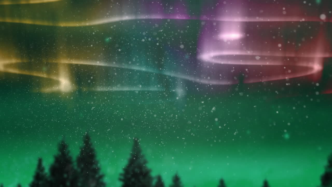 디지털 애니메이션은 북극광을 노란색과 분홍색으로 눈 인 풍경 위에 보여줍니다.