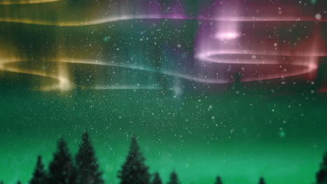 la animación digital muestra la aurora boreal en amarillo y rosa sobre un paisaje nevado.