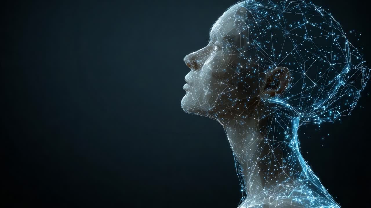 Una Visualizzazione Mozzafiato di un Profilo Umano Digitale che Rappresenta Tecnologia Futuristica e Intelligenza Artificiale in un Design Wireframe Scintillante