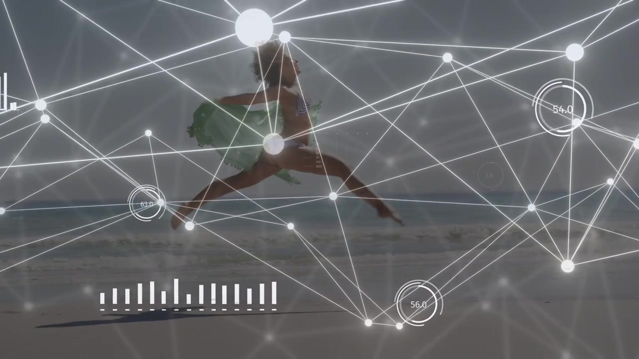 Woman entering frame, speeding to jog, leaping with green scarf, HUD tracking motion for fitness