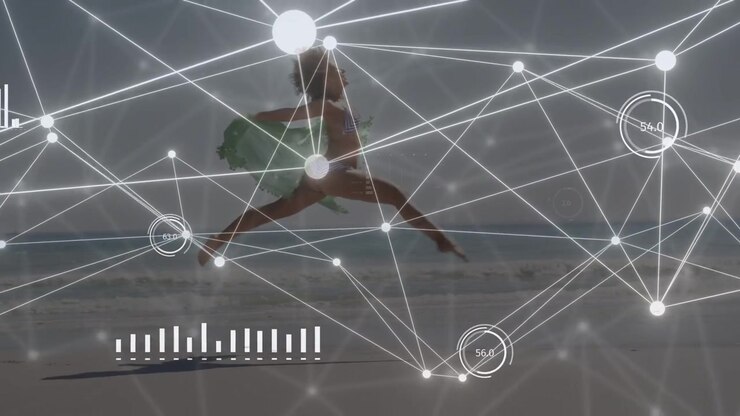 Woman entering frame, speeding to jog, leaping with green scarf, HUD tracking motion for fitness