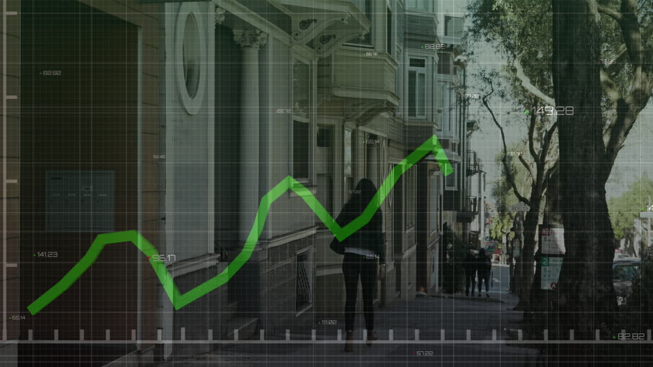 animación del procesamiento de datos financieros sobre diversas personas que caminan por la calle
