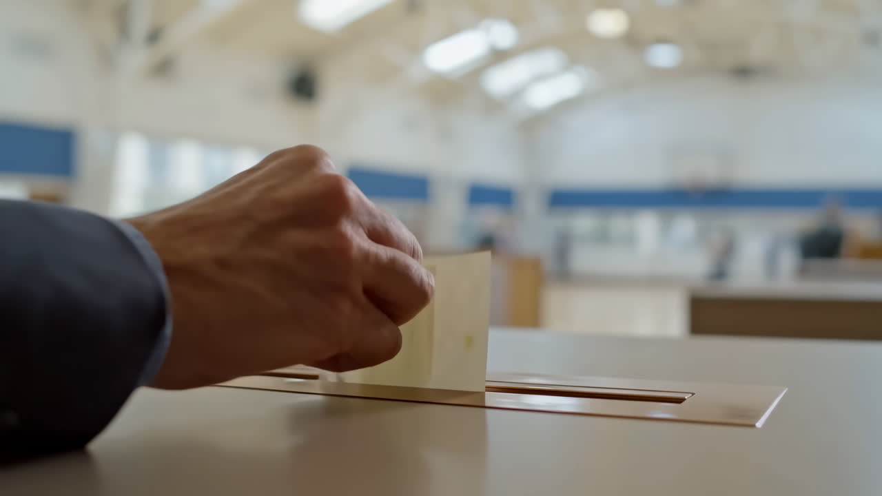 Voter Dropping Ballot Into Polling Box, Closeup Of Hand And Paper In Gymnasium Suitsleeved Voter Places Folded