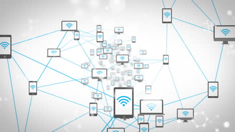 Digital animation of molecular structures floating against network of electronic devices icons