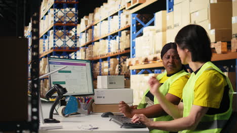 vertical video team of two workers monitoring shipping route on tracking software