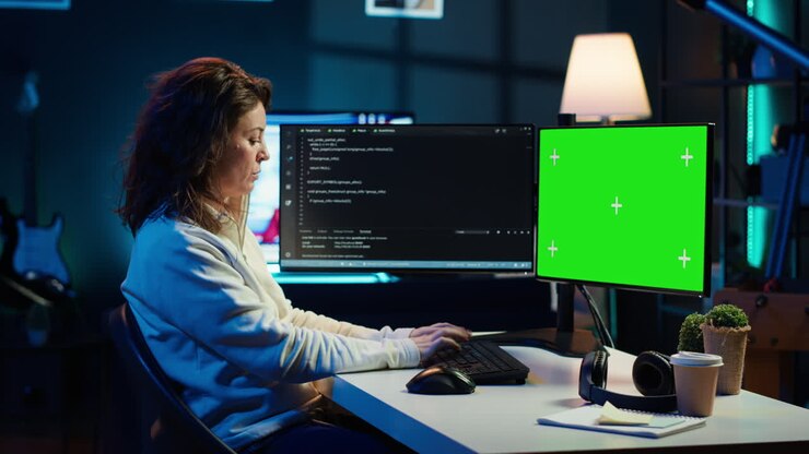 Udvikler, der udfører softwaredetest på grøn skærm-pc derhjemme