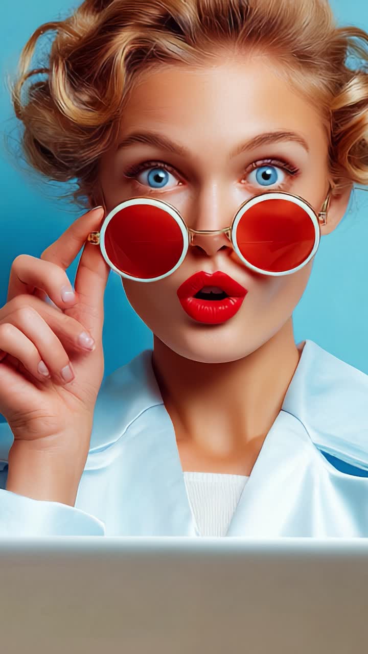 Surprised Young Woman with Retro Sunglasses and Bold Red Lips Exclaims in Excitement While Posing Against a Vibrant Blue Background with a Laptop