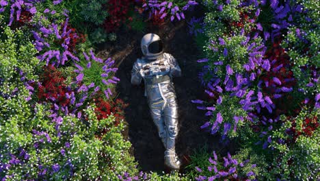 astronaut relaxing in a floral garden