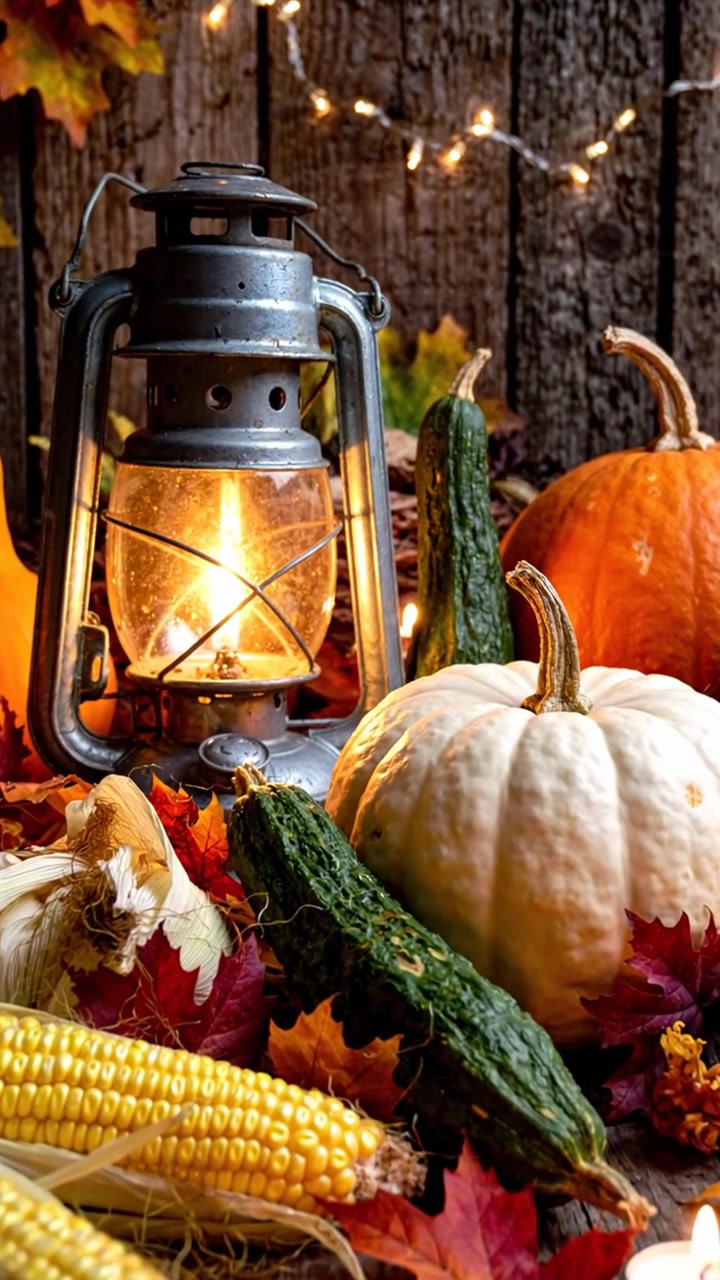 Linterna vintage resplandeciendo en una decoración de cosecha de otoño.