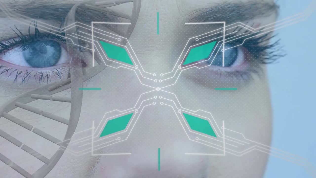 백인 여성의 눈 위에 있는 모양과 dna 줄기의 애니메이션