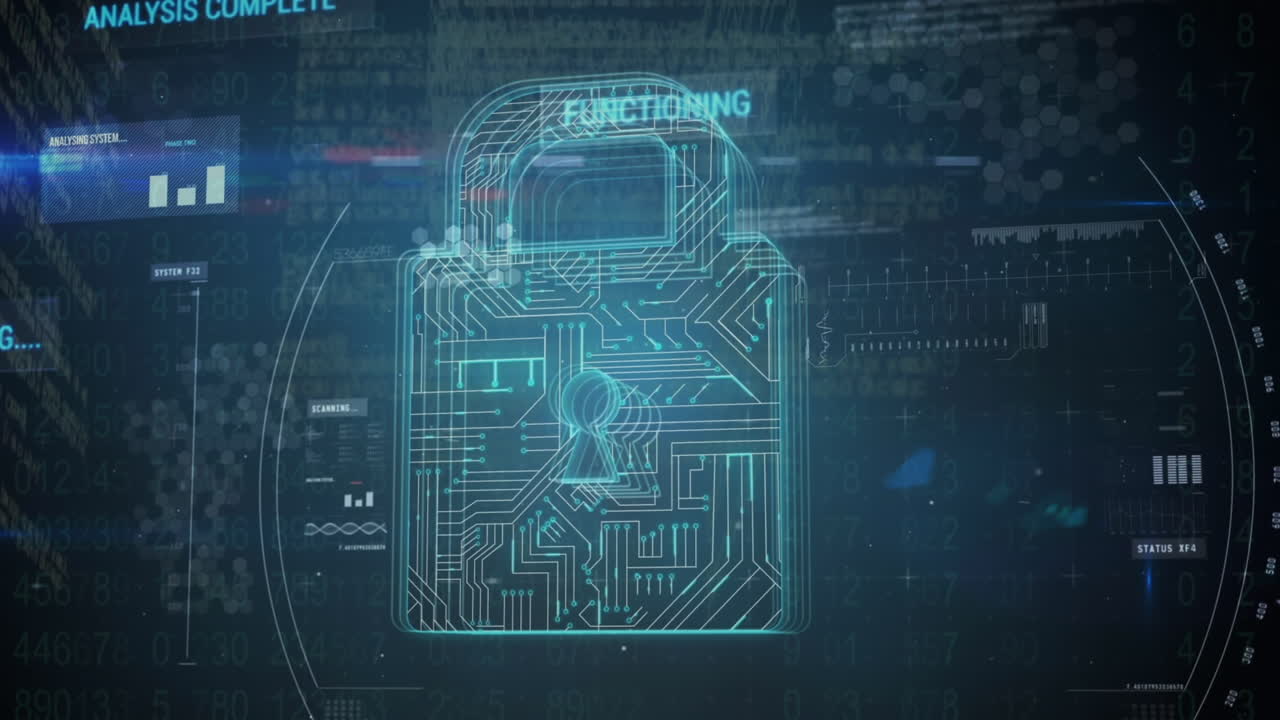 Animation of digital padlock with integrated circuit over data processing on black background