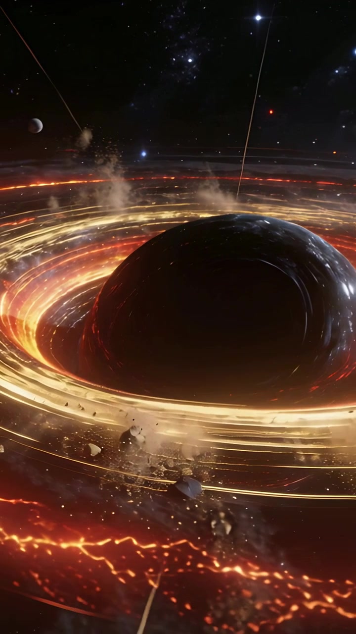 Vertical video: Pulling back camera showing dark sphere pulling rings by gravity in space, debris