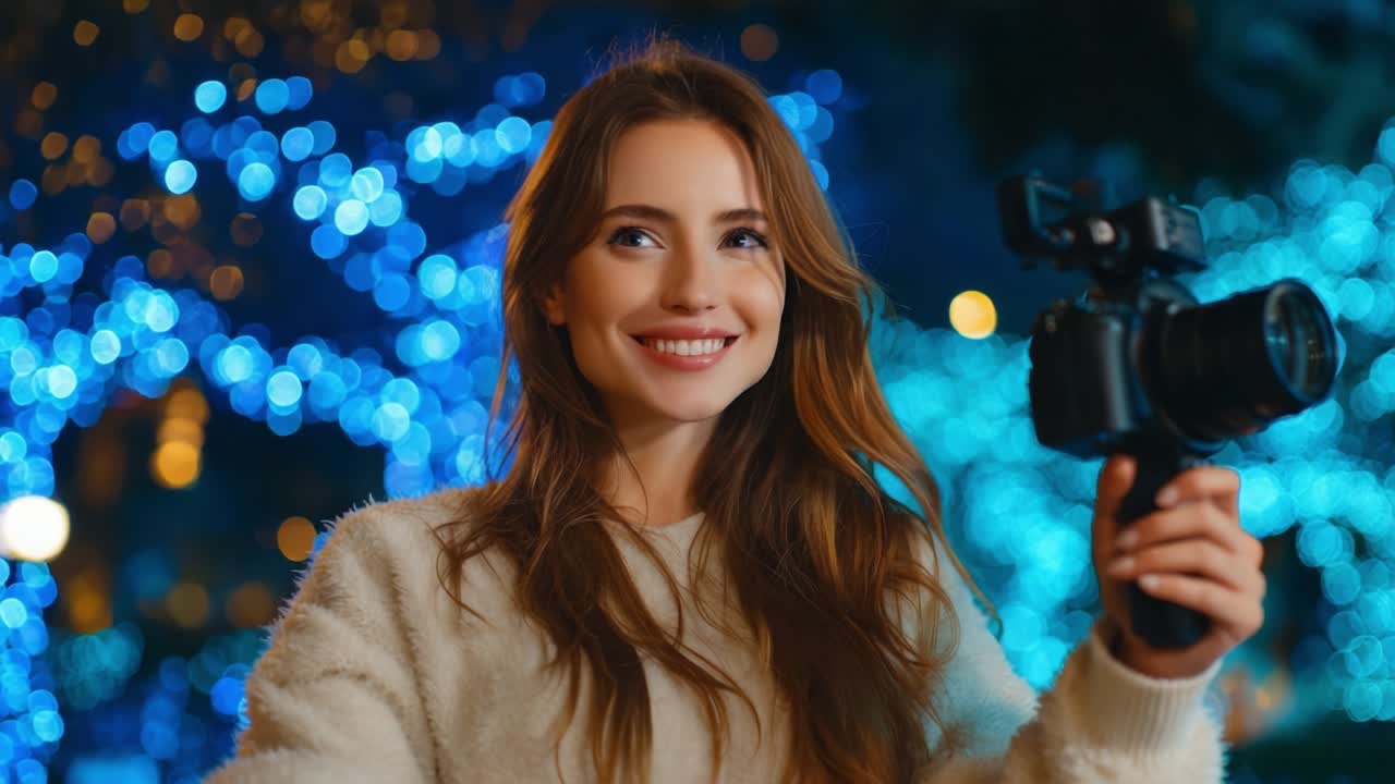 A cheerful young woman enjoys capturing moments with a camera in a beautifully illuminated setting filled with vibrant, colorful lights. Her enthusiasm shines through as she engages with the scene around her