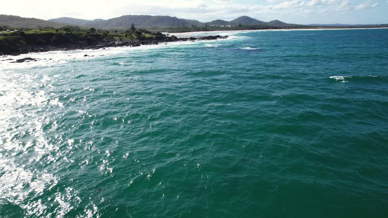 Golfinho-nariz-de-garrafa nadando em paisagem marinha panorâmica, NSW, Austrália - Foto de drone