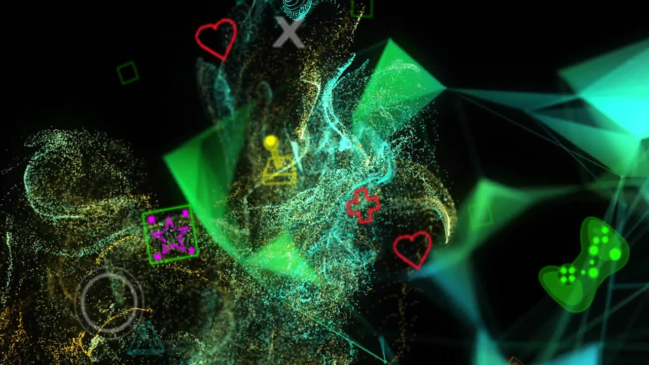 анимация красочных контроллеров видео геймпадов и икон по сетям на черном