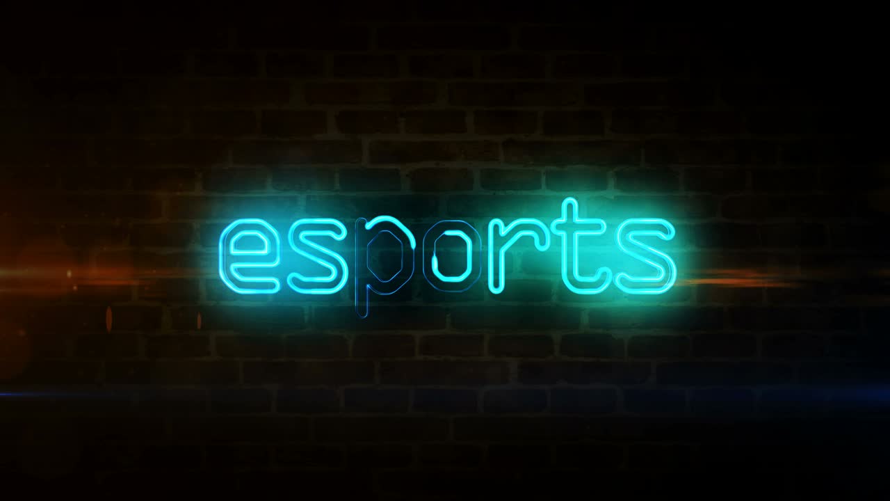 símbolo de torneo de deportes electrónicos de neón en la pared de ladrillo