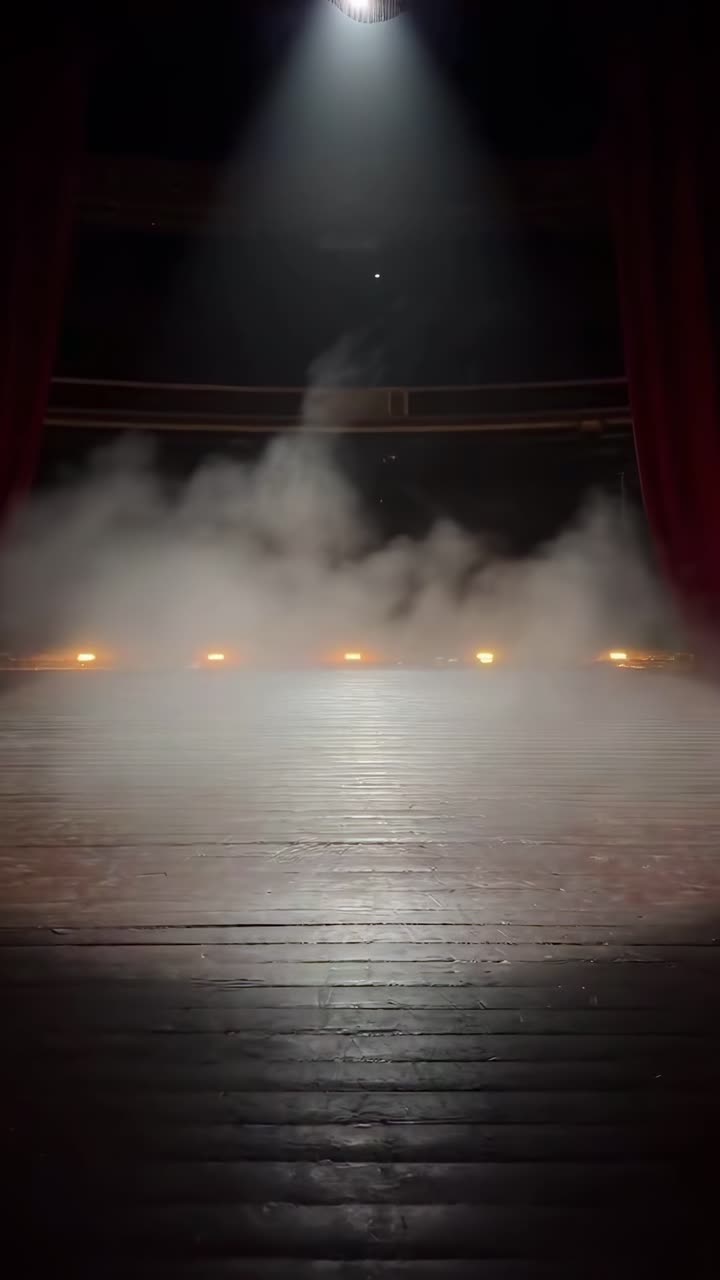 Video teatrale intenso con faretti e fumo, ripreso da una angolazione bassa per un effetto scenico