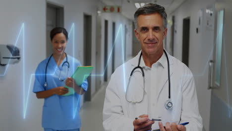 animation of cardiograph over biracial doctors with clipboards