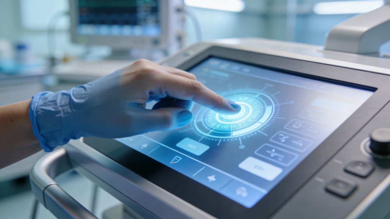 Mano guantata di blu che tocca un'interfaccia olografica circolare su una console in clinica con monitor di sfondo.