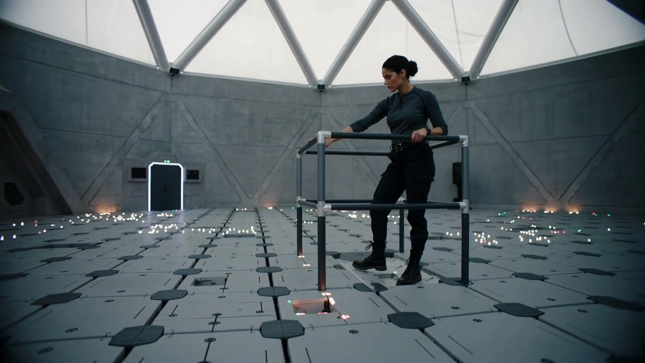 Inspecting tech in tactical gear leaning on railing in dome, testing lit hatch with panel glowing