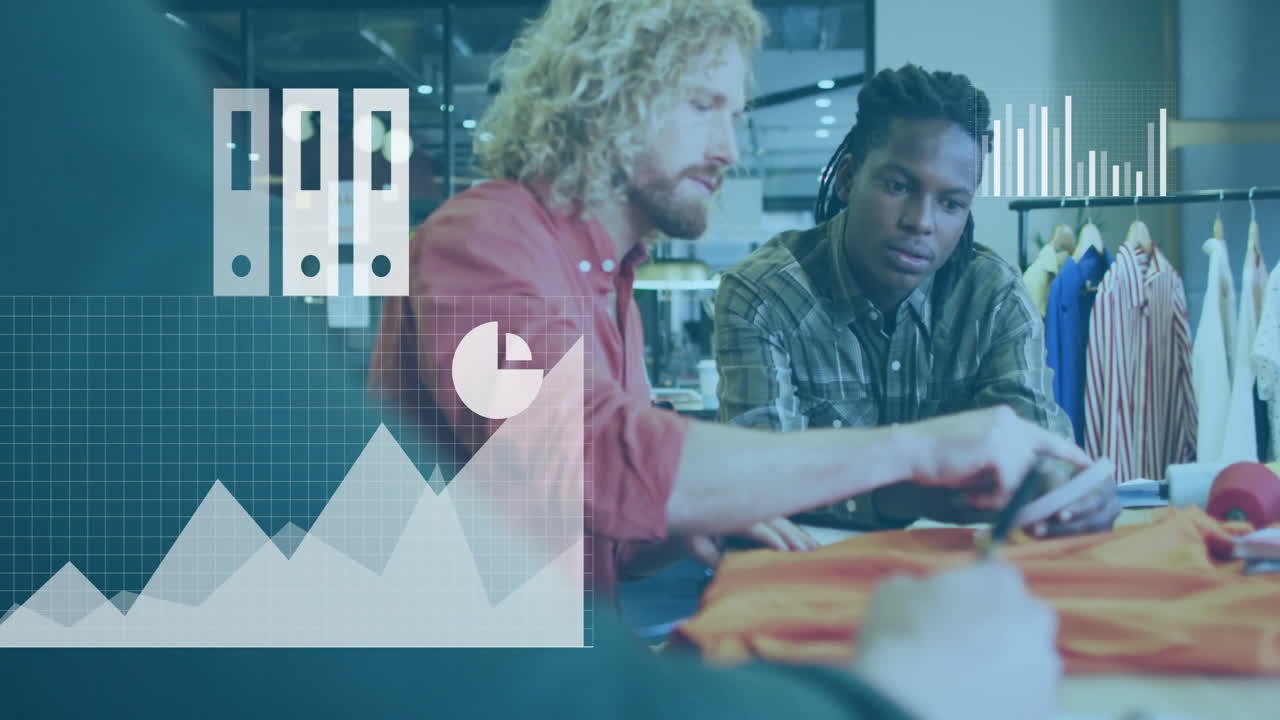 Analyzing data charts and graphs animation over colleagues collaborating in office