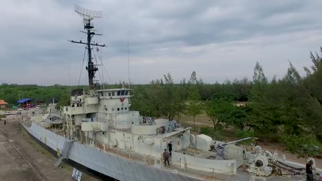 aerial shot of remembrance lhuangprasae battleship rayong district, thailand