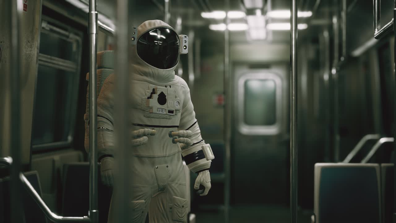 astronauta dentro del viejo vagón de metro no modernizado en ee.uu.