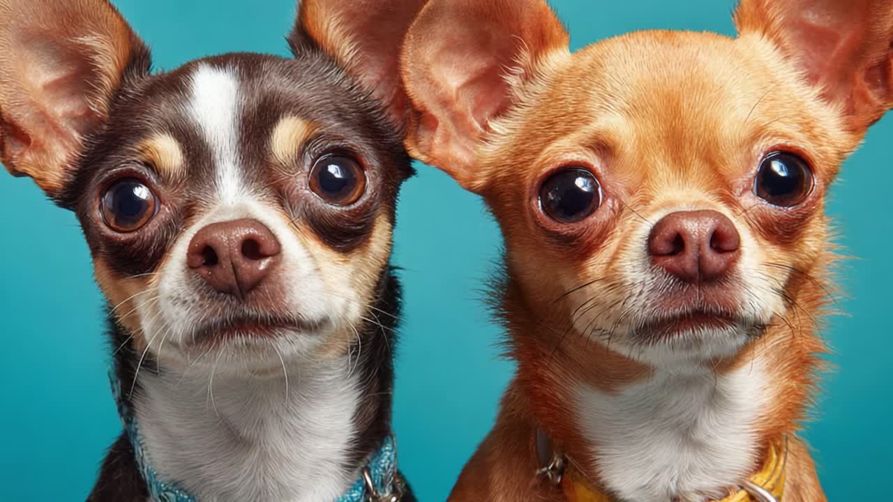 Two Adorable Chihuahuas Pose Together Against a Vibrant Background, Showcasing Their Unique Features and Expressions in a Captivating Close-up