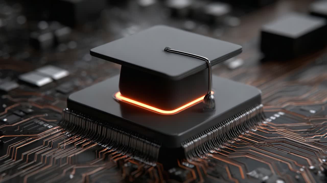 The Fusion of Knowledge and Technology: A Symbolic Representation of Education on a Circuit Board Featuring a Graduation Cap atop a Microprocessor