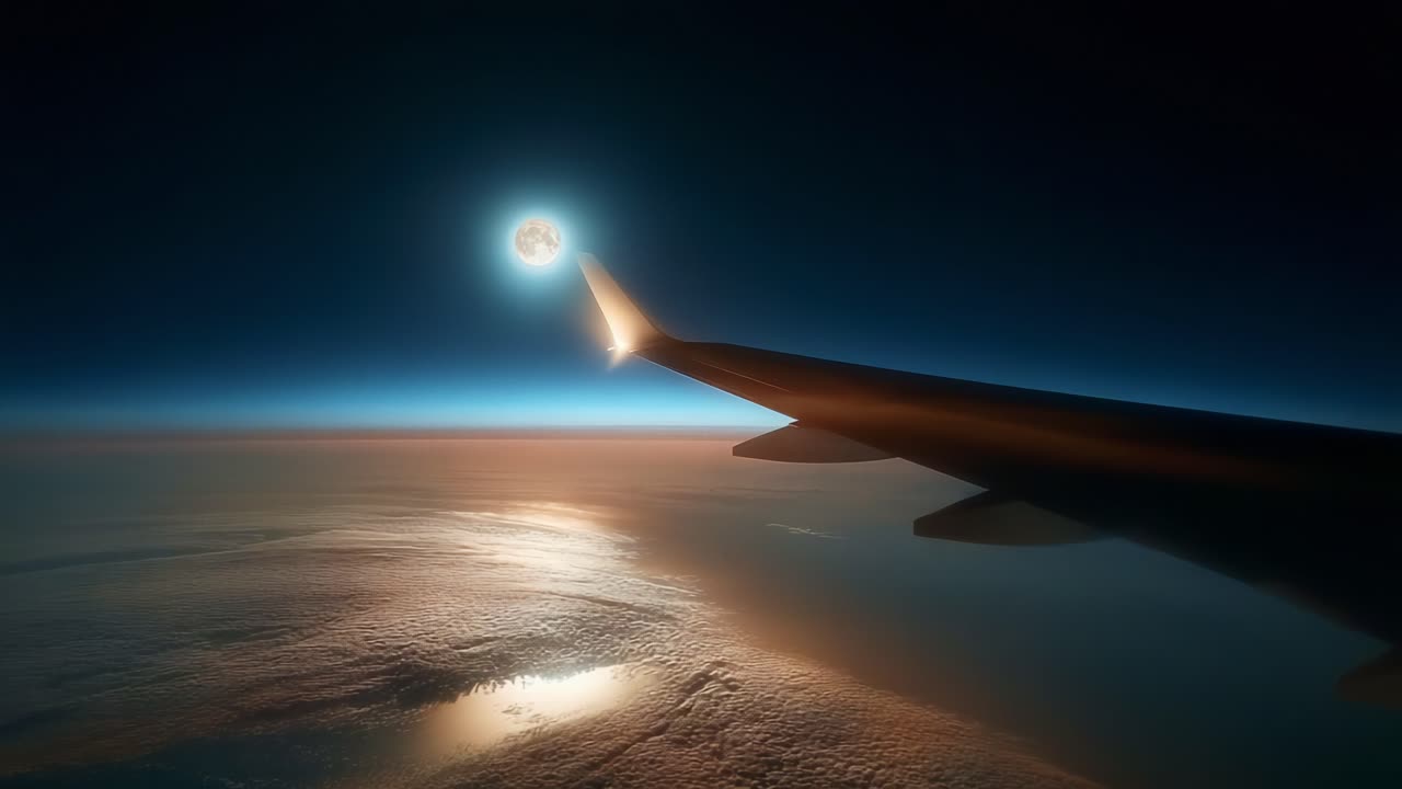Stunning Aerial View Captured from an Airplane Wing with a Bright Celestial Body Illuminating the Horizon over Tranquil Ocean Waters during Twilight