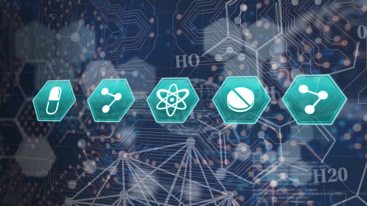 animación del icono en hexágono, estructuras moleculares y cerebro humano digital sobre el patrón de la placa de circuitos